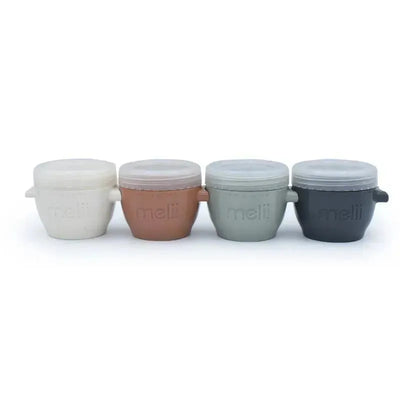 4 pack of Melii 4 oz baby food storage containers in earth tones, featuring lids and a textured design.