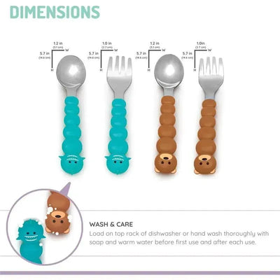 Toddler and kid feeding utensil set featuring shark and bear designed spoons and forks with clear dimensions and care instructions.