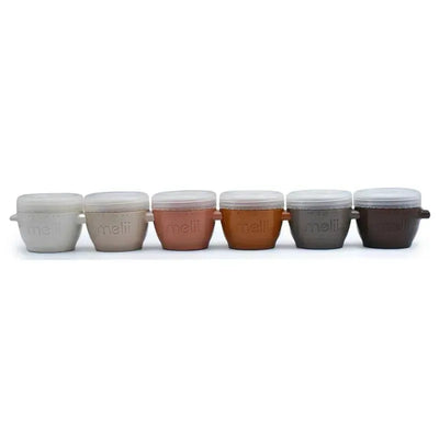 Set of six 2 oz Melii snap containers in neutral colors, featuring lids and labeled for easy use.