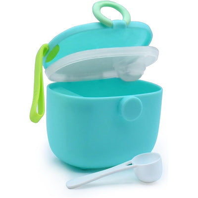 Baby formula storage container in blue with an integrated scoop, featuring a transparent lid and a green handle.
