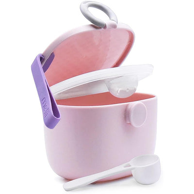 Baby formula storage container in pink with integrated scoop, featuring a lid and a secure handle.