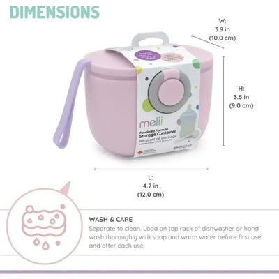 Melii baby formula storage container in pink, 400ml capacity, with integrated scoop and care instructions.