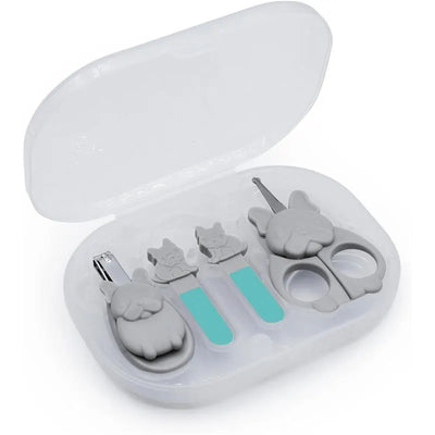 Baby and kid nail care kit featuring grey tools with animal designs, including clippers, scissors, and a file, in a clear case.