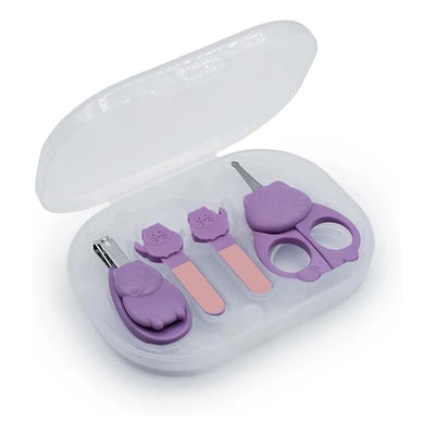 Nail care kit for babies and kids, featuring purple cat-themed tools including clippers, scissors, and a file in a transparent case.