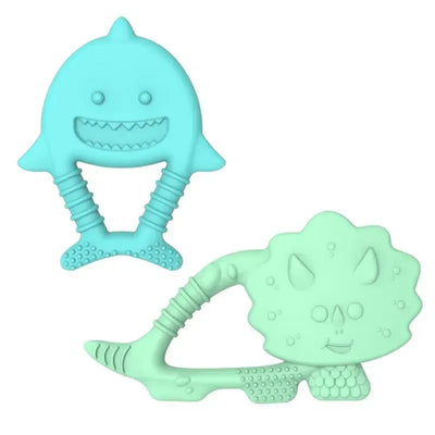Baby teethers in shark and dinosaur shapes made from 100% food-grade silicone, featuring multiple textures and BPA-free materials.