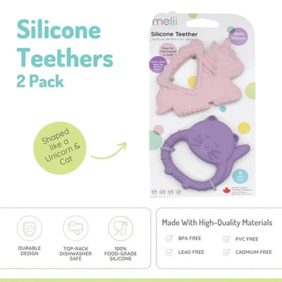 Silicone teethers shaped like a unicorn and a cat, made from 100% food-grade silicone, BPA free, in a two-pack.