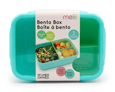 Bento box by Melii in blue and mint, featuring three compartments, easy-lock lid, and labeled for school lunches.