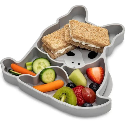 Divided silicone suction plate shaped like a bulldog, featuring sandwiches, fruits, and vegetables in separate compartments.