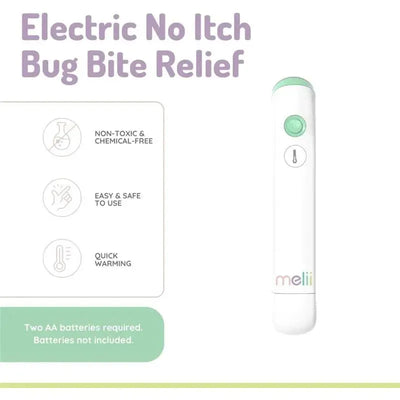 Electric No-Itch Bug Bite Relief device, with features like non-toxic, easy to use, and quick warming; requires two AA batteries.