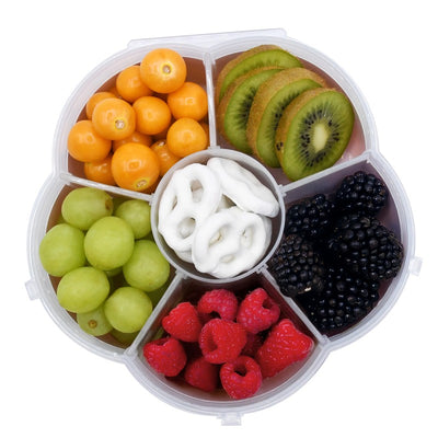 Melii Flower Snackle Box filled with sliced kiwi, grapes, raspberries, blackberries, and pretzels.