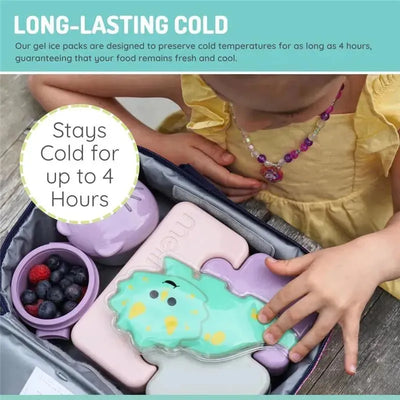Gel ice packs in a lunch bag, featuring dinosaur and shark designs, keep food cold for up to 4 hours.