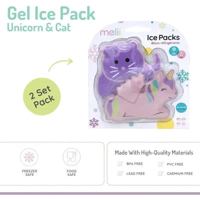 Gel ice packs featuring a unicorn and a cat, reusable, BPA-free, and food-safe, designed to keep lunches cool.