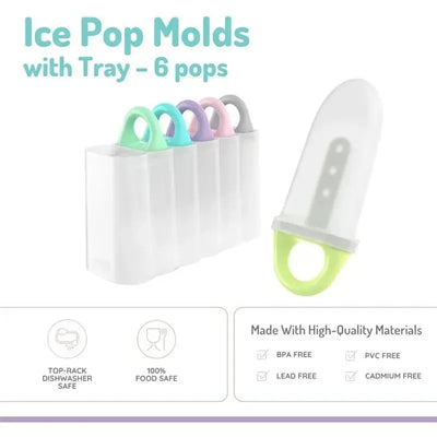 Ice pop molds with tray, featuring six colorful molds and a clear holder, made from high-quality, food-safe materials.