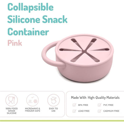 Collapsible pink silicone snack container with a handle and six sections, labeled as microwave and freezer safe.