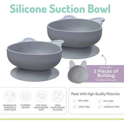 Two gray silicone suction bowls shaped like bulldogs, each 10.1 oz, with details on usage and safety features.