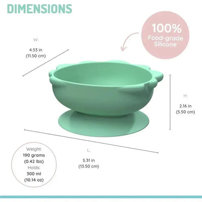 Silicone suction bowl set in Dino Green, 10.1 oz capacity, showing dimensions and note on 100% food-grade silicone.