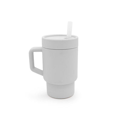 Grey silicone tumbler with a handle, 265ml capacity, featuring a lid and a straw.