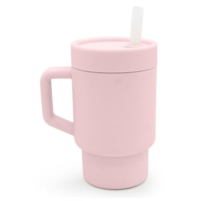 Melii Silicone Tumbler in New Pink, 9 oz, featuring a handle and straw, designed for beverages.
