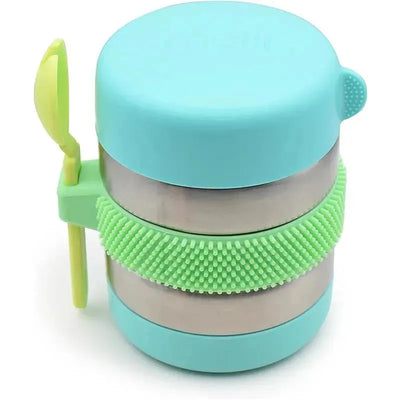 Stainless steel food jar by Melii, 10.1oz, double-walled, vacuum insulated, with mint and lime accents and a spoon holder.