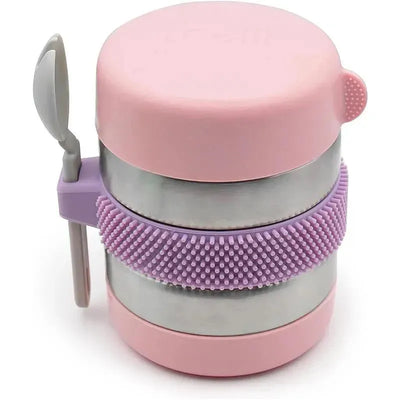 Stainless steel food jar, 10.1oz, with pink and purple colors, double-walled, vacuum insulated, includes a spoon.