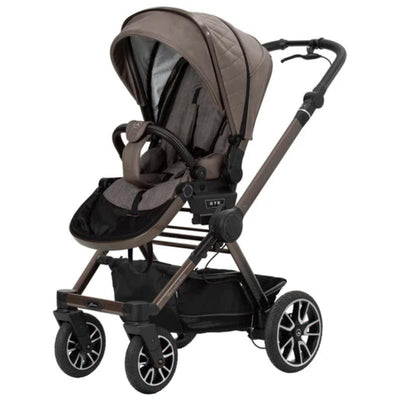 Mercedes Performance Single Stroller in 616 Truffle color, featuring a quilted canopy, adjustable seat, and storage basket.