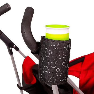 Universal insulated stroller cup holder featuring a Mickey Mouse pattern, holding a green cup, attached to a stroller handle.