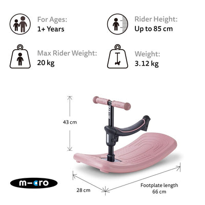 Micro Kickboard Mini Rock & Go in Dusty Rose; suitable for ages 1+, with height and weight specifications listed.