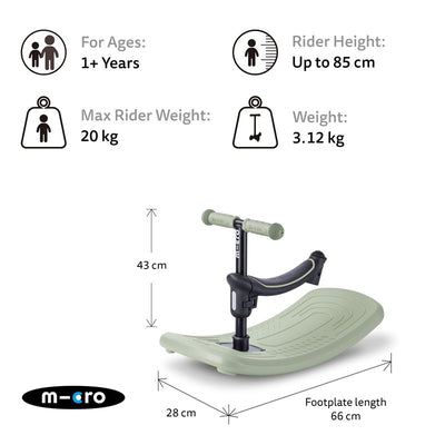 Micro Kickboard Mini Rock & Go LED in Olive Sage; features a scooter with a curved footplate and adjustable handlebars.