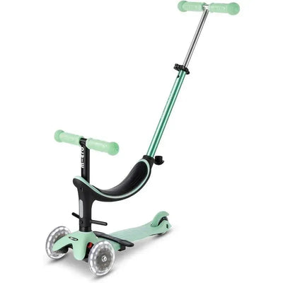 4-in-1 Micro Kickboard Mini2Grow scooter in mint color, featuring LED wheels and adjustable height for kids ages 1-6.