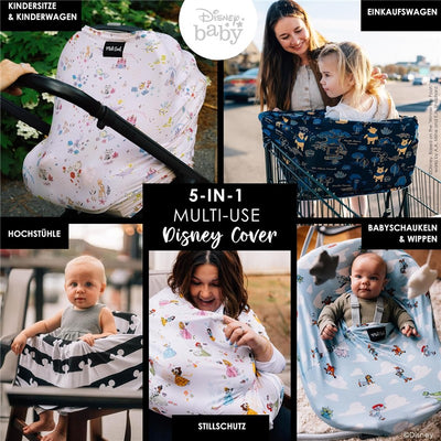 Milk Snob Disney 5-in-1 multifunctional cover displayed in various uses: car seat cover, shopping cart cover, high chair cover, and nursing cover, featuring colorful Disney characters.