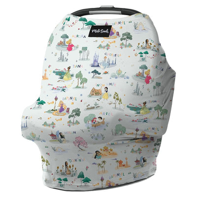 Multifunctional cover featuring Disney princesses in a whimsical pattern, designed for car seats and strollers.
