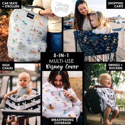 Multifunctional cover featuring Disney designs, designed for car seats, shopping carts, high chairs, swings, and breastfeeding.