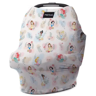Multifunctional cover featuring Disney princesses on a floral background, designed for car seats and nursing.