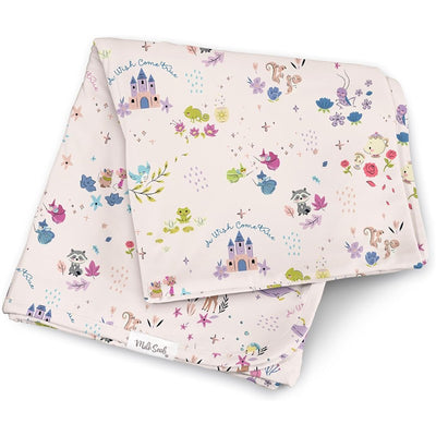 Disney A Wish Come True swaddle receiving blanket featuring whimsical animal and fairy tale designs on a soft pink background.