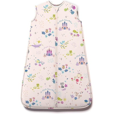 Light pink baby sleep bag featuring whimsical Disney-themed illustrations, suitable for infants 0-6 months, with a zipper closure.