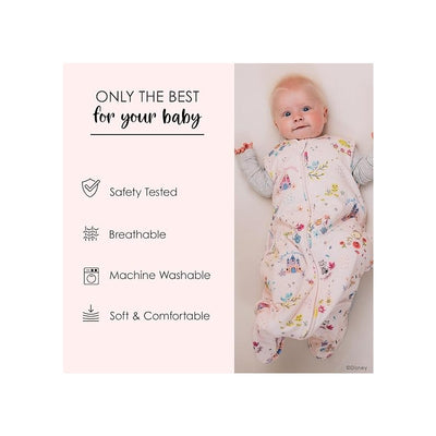 Baby wearing a Disney-themed sleep bag with floral patterns, featuring safety, breathability, and machine washability details.