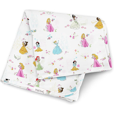 Disney Princess-themed swaddle blanket featuring illustrations of princesses on a white background with floral accents.