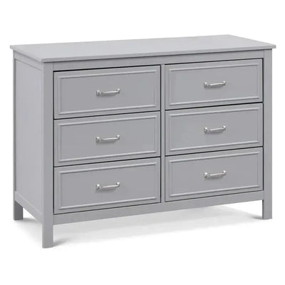 Grey 6-drawer double dresser featuring sleek silver handles and a simple, modern design suitable for any nursery.