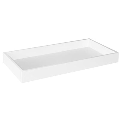 Universal removable changing tray in white, designed to fit securely on top of a dresser or changing table.
