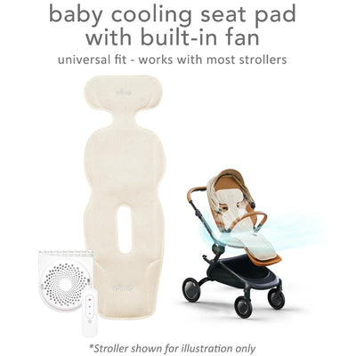 Baby cooling seat liner in Donut Beige with built-in fan, designed for universal fit with most strollers.