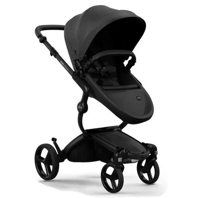 Mima Xari Max stroller featuring a black chassis, black seat box, and black starter pack, designed for baby transport.
