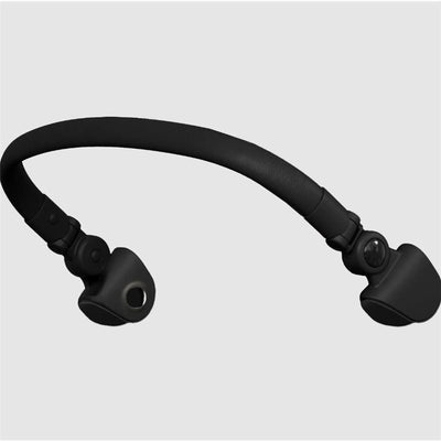 Wireless black earphones with an adjustable neckband and ergonomic ear tips for comfort and stability.