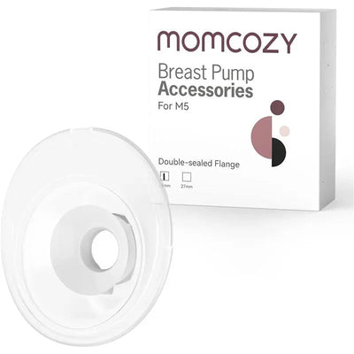 24mm double-sealed flange accessory for Momcozy M5 wearable breast pump, alongside the product packaging.