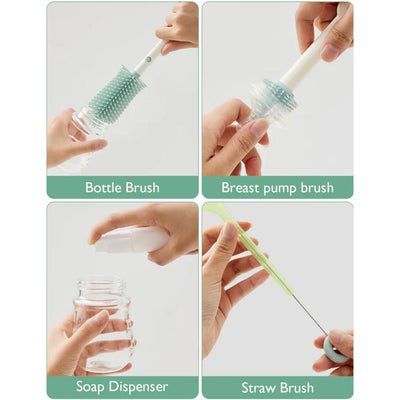 Momcozy 7 In 1 Bottle Cleaning Tool with various brushes including a bottle brush, breast pump brush, soap dispenser, and straw brush.
