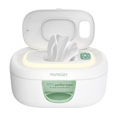 Momcozy Baby Wipe Warmer with a partially open lid, displaying wipes, and a control panel with light indicator.