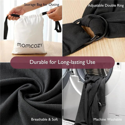 Momcozy Baby Wrap Carrier in black, featuring adjustable double rings, breathable fabric, machine washable, and a storage bag.