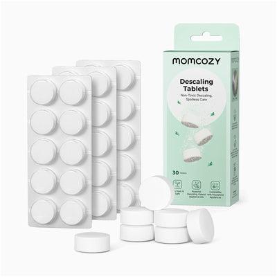 Momcozy Descaling Tablets box with three blister packs and loose tablets, labeled non-toxic, for appliance care, 30 count.