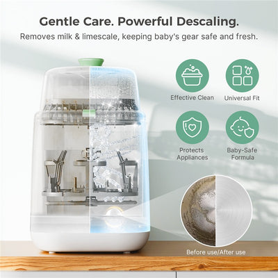 Momcozy Descaling Tablets, shown with a transparent appliance, illustrate effective cleaning of milk and limescale.