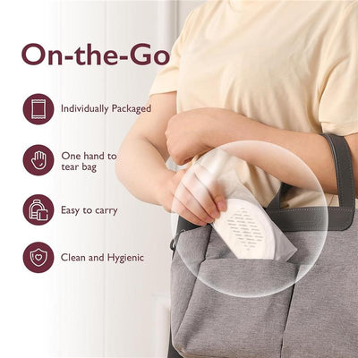 Momcozy Disposable Nursing Pads in a bag, featuring a hand reaching for an individually packaged pad. Text highlights convenience and hygiene.