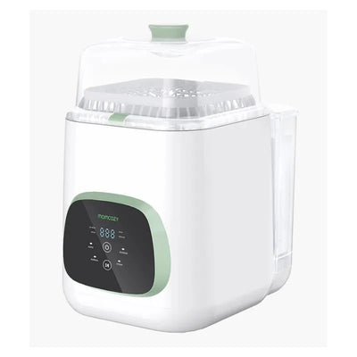 Momcozy KleanPal Pro baby bottle washer and sterilizer with a transparent lid, digital display, and control buttons.